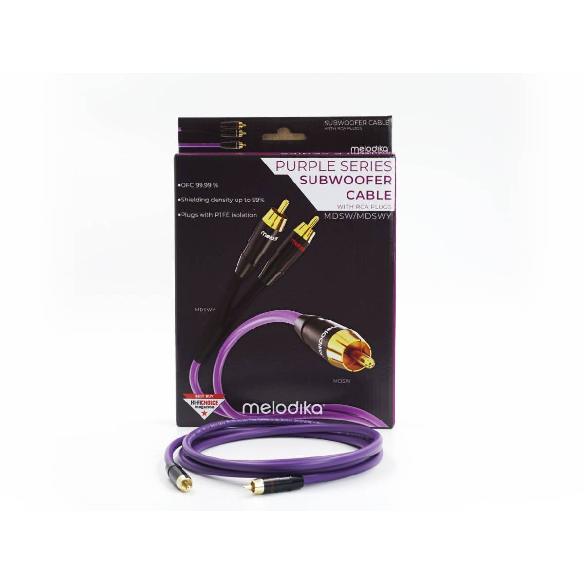Melodika Purple MDSW subwoofer RCA lead in manufacturer packaging