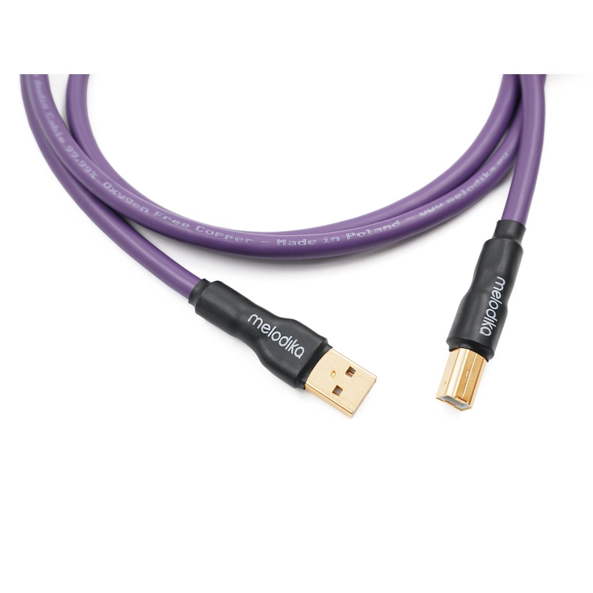 Melodika Purple MDUAB USB 2.0 cable showing Type A and Type B connectors