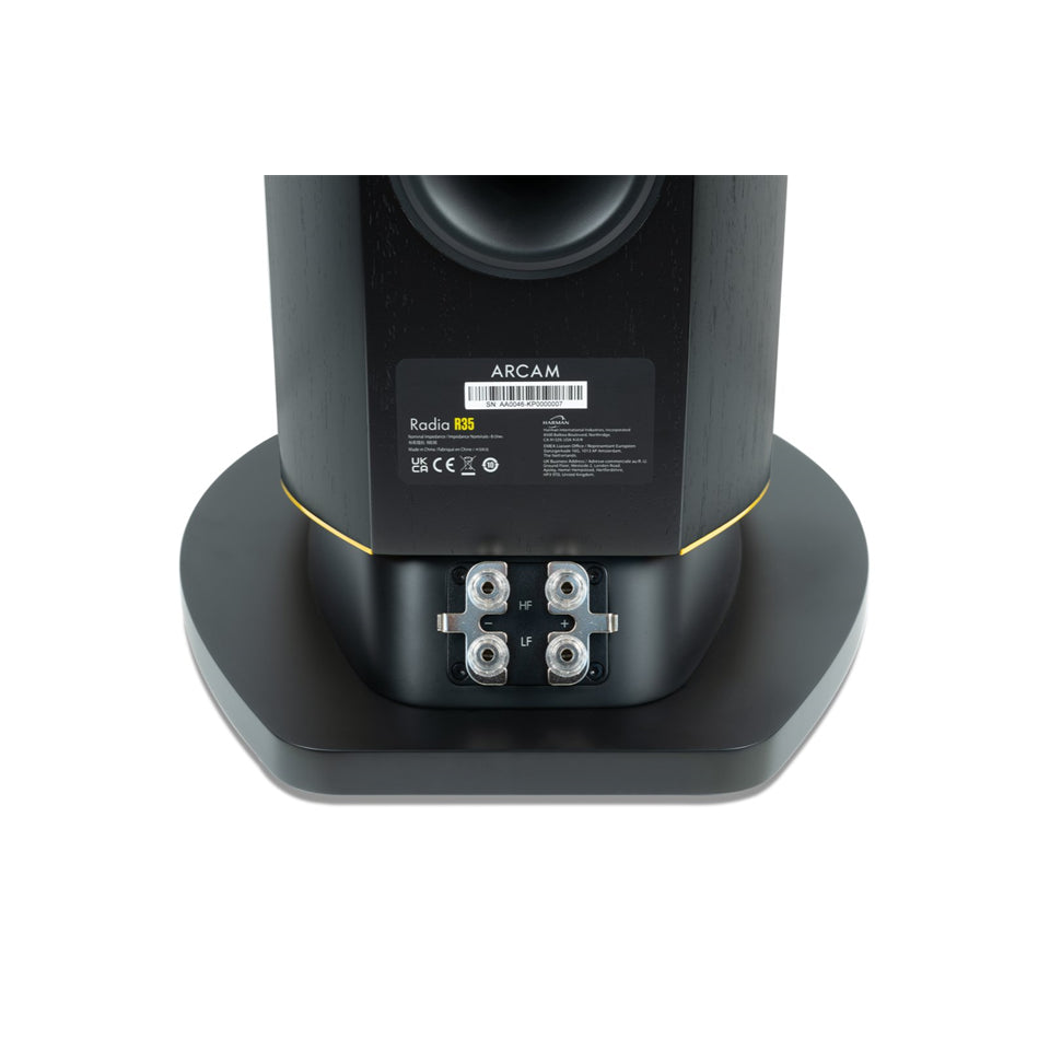 ARCAM Radia R35 floorstanding speaker rear terminals and veneer