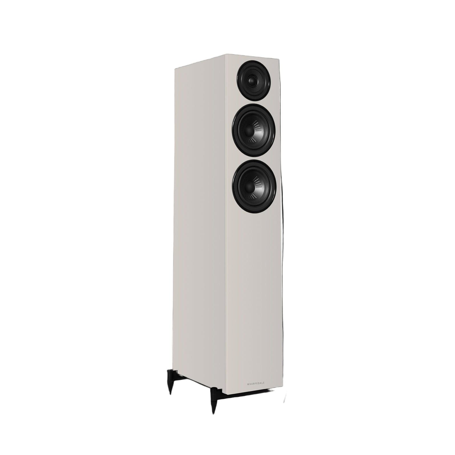 White floor-standing speaker with black cones on a white background
