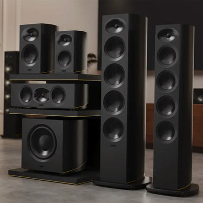 ARCAM Radia R25B subwoofer shown with matching Radia loudspeakers