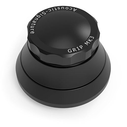 Acoustic Signature Grip MK3 platter clamp in black, white background studio product photograph