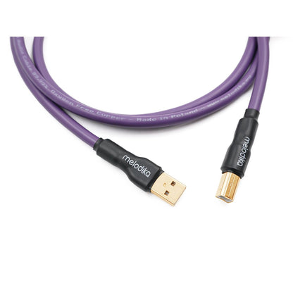 Melodika Purple MDUAB USB 2.0 cable showing Type A and Type B connectors